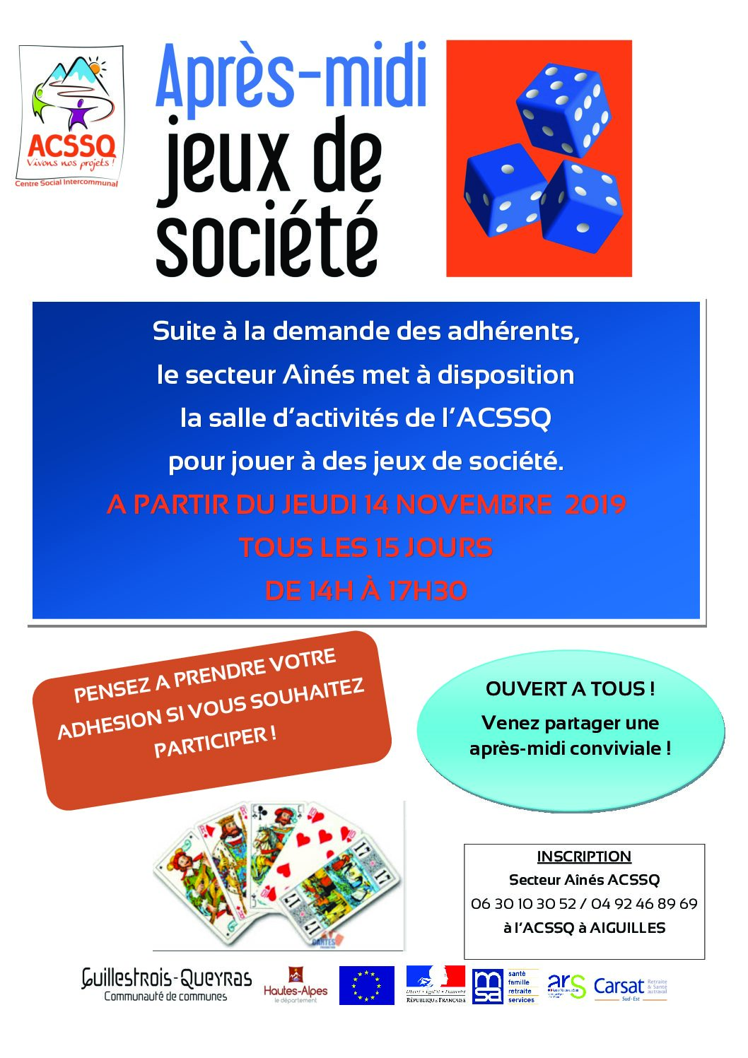 Après-midi jeux de société – à partir du jeudi 14 novembre 2019 tous les 15 jours