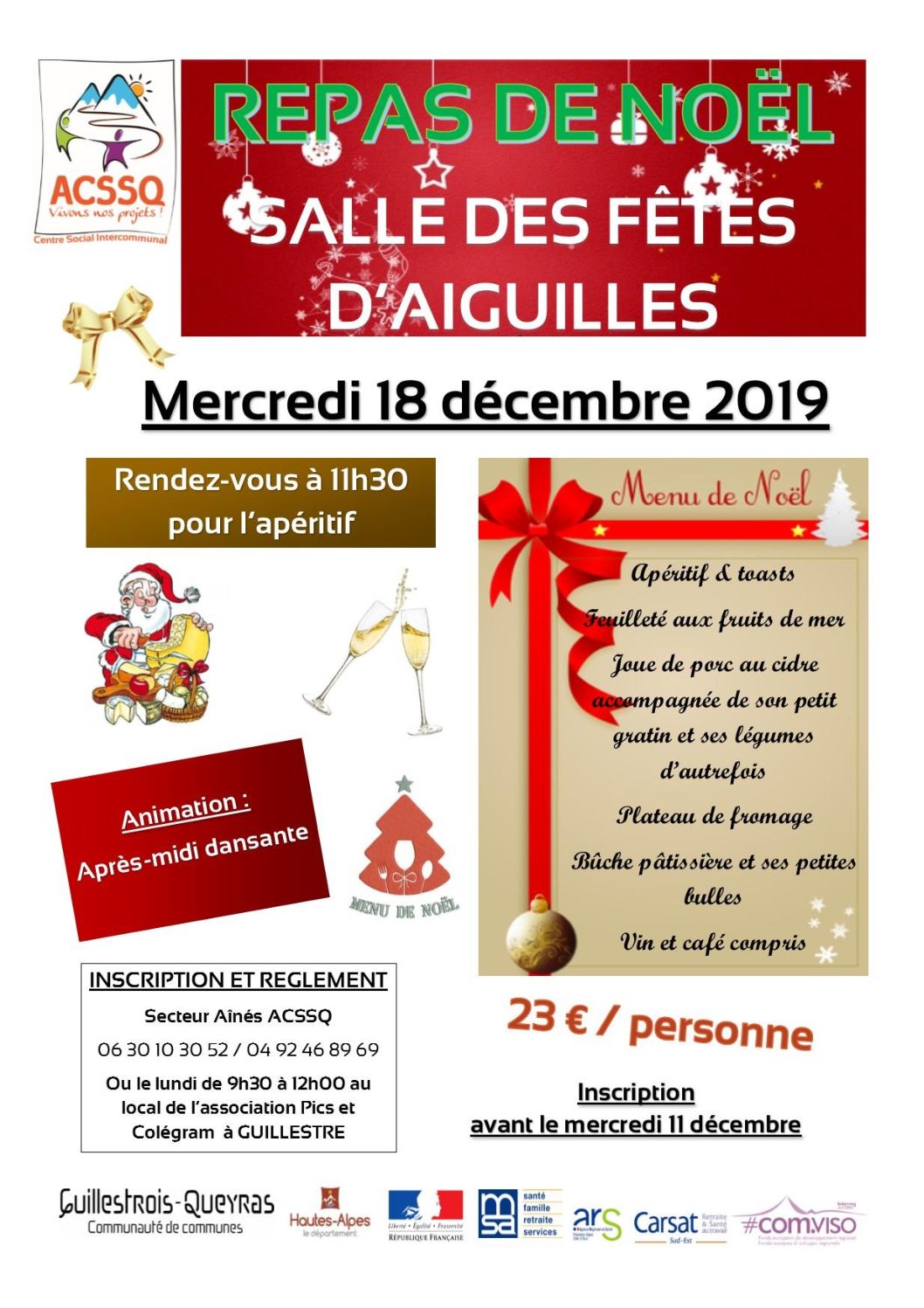 Repas de Noël – Mercredi 18 décembre à la salle des fêtes d’Aiguilles