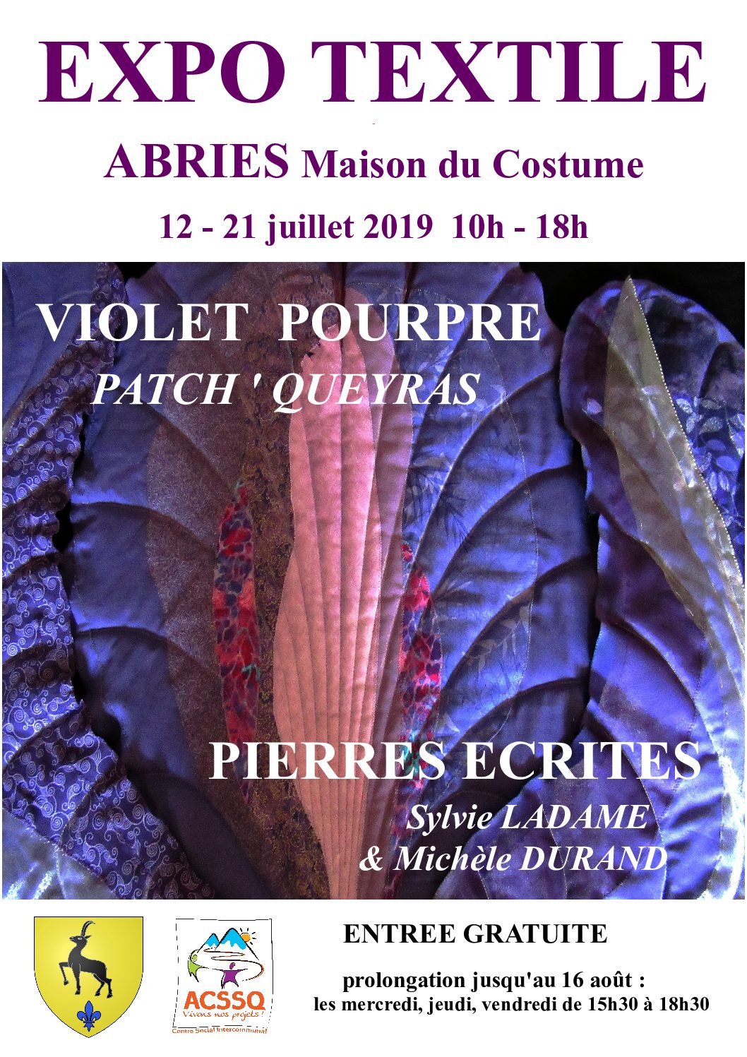 Expo textile à Abriès du 12 au 21 juillet de 10h à 18h