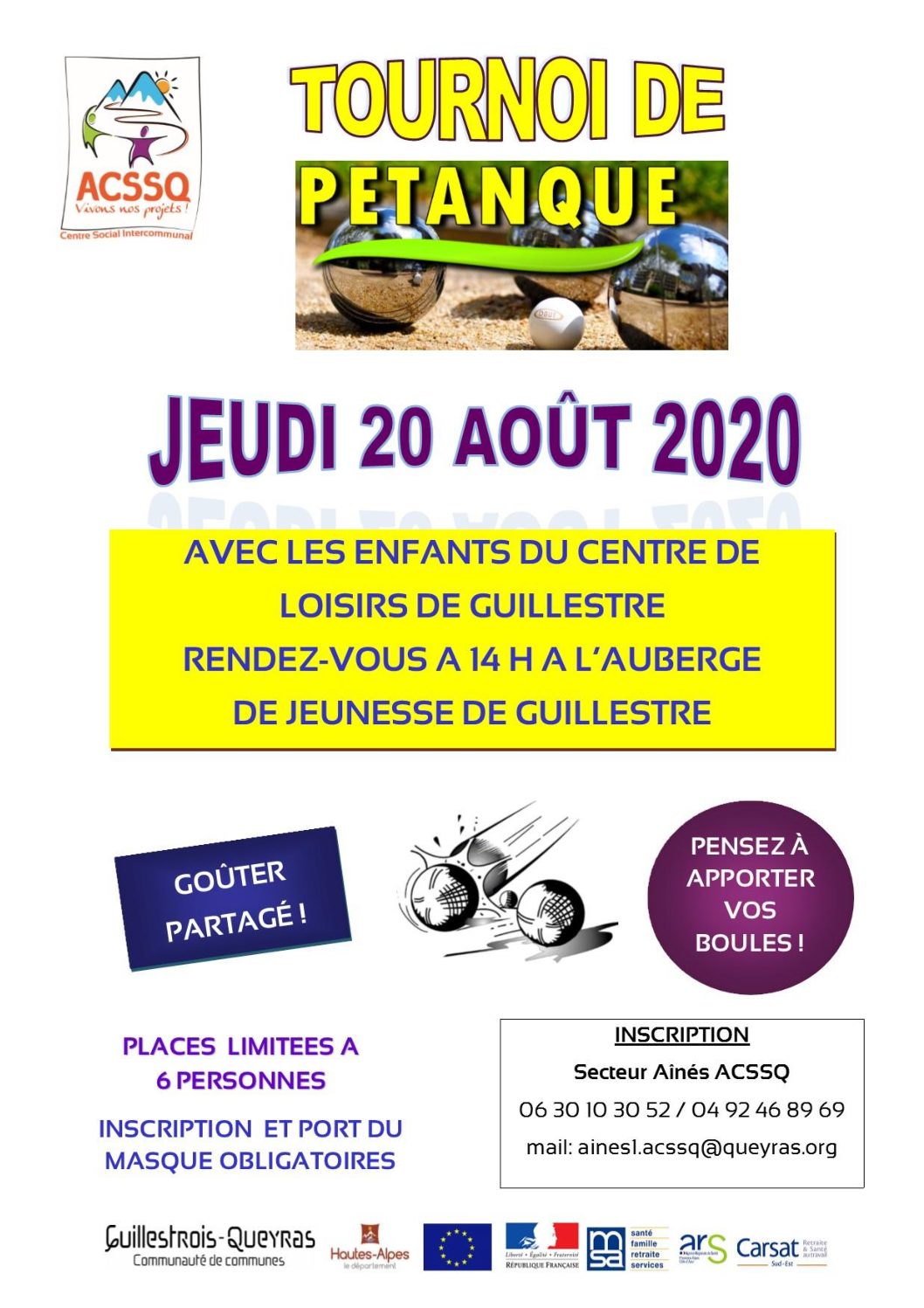 Tournoi de pétanque avec les enfants du Centre de Loisirs de Guillestre – jeudi 20 août 2020